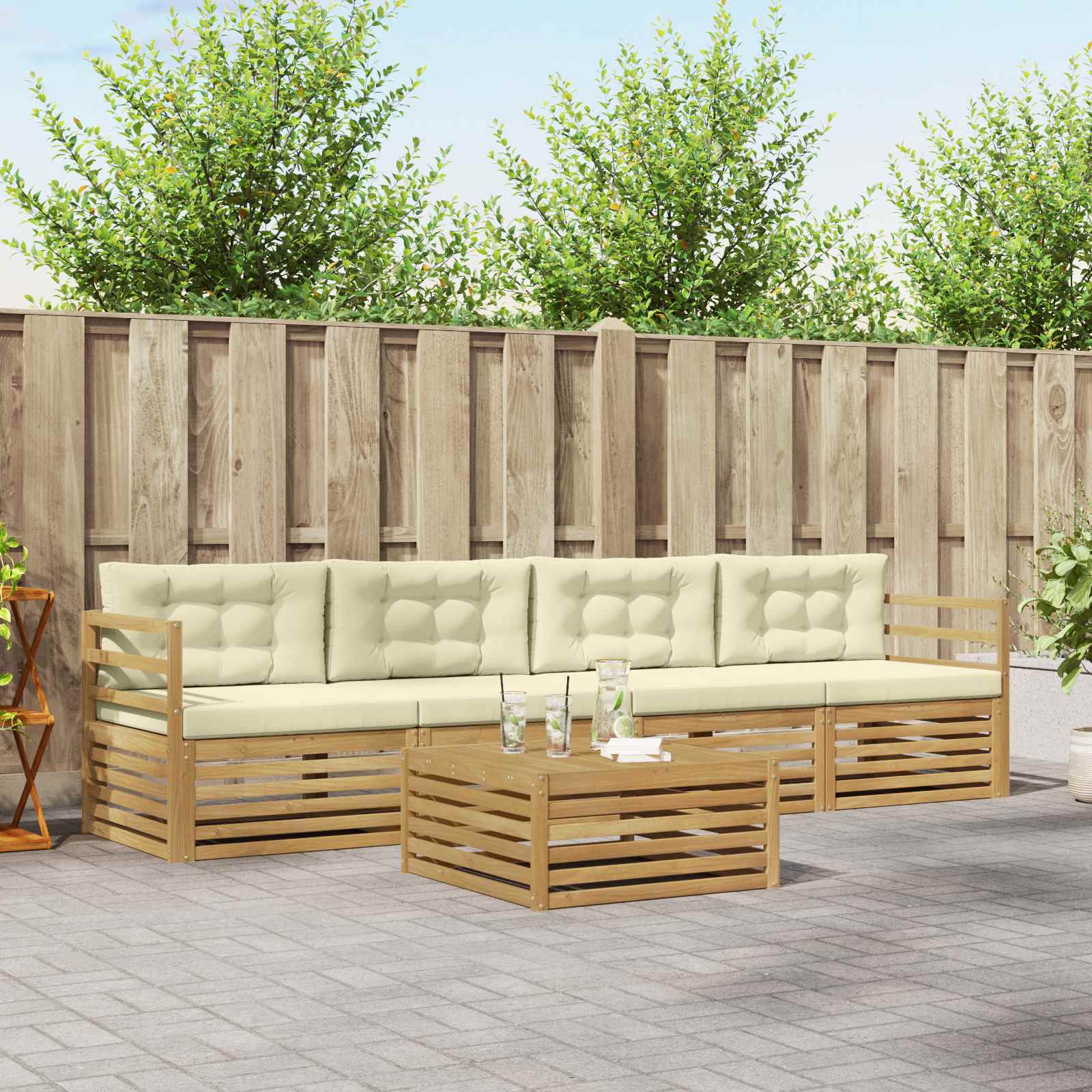 Conjunto de sofás de exterior con cojín 5 pcs Blanco y Crema
