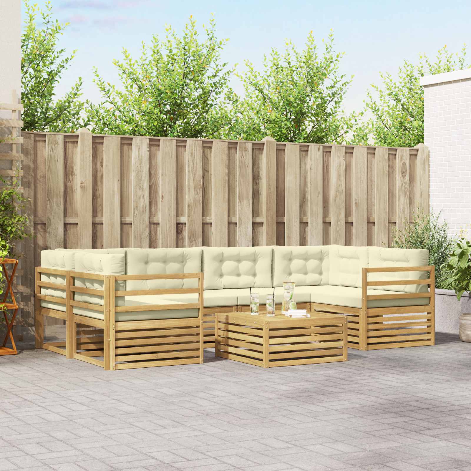 Conjunto de sofás de exterior 7 pcs Blanco y Crema Poliéster