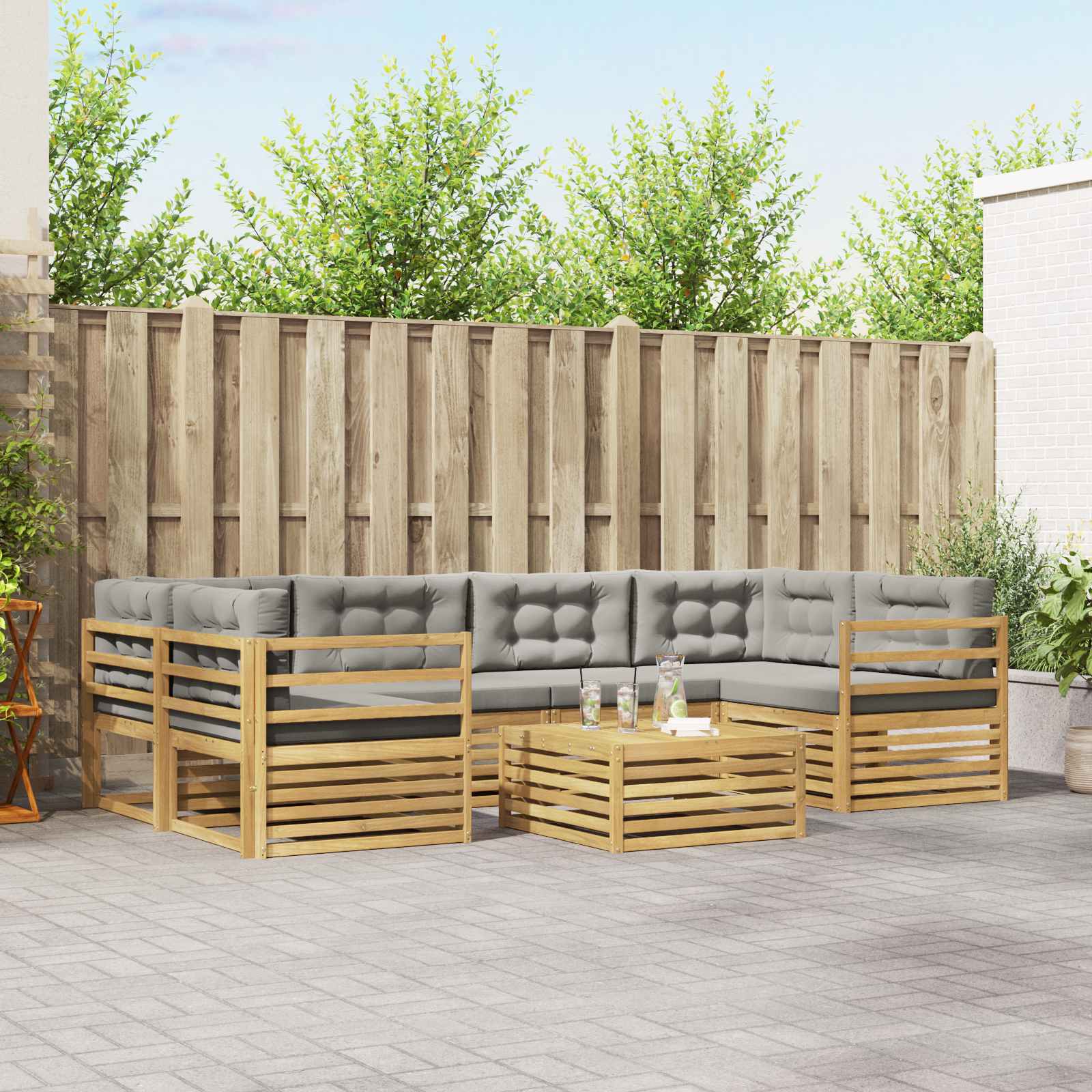 Conjunto de sofás de exterior 7 pcs Blanco y Crema Poliéster