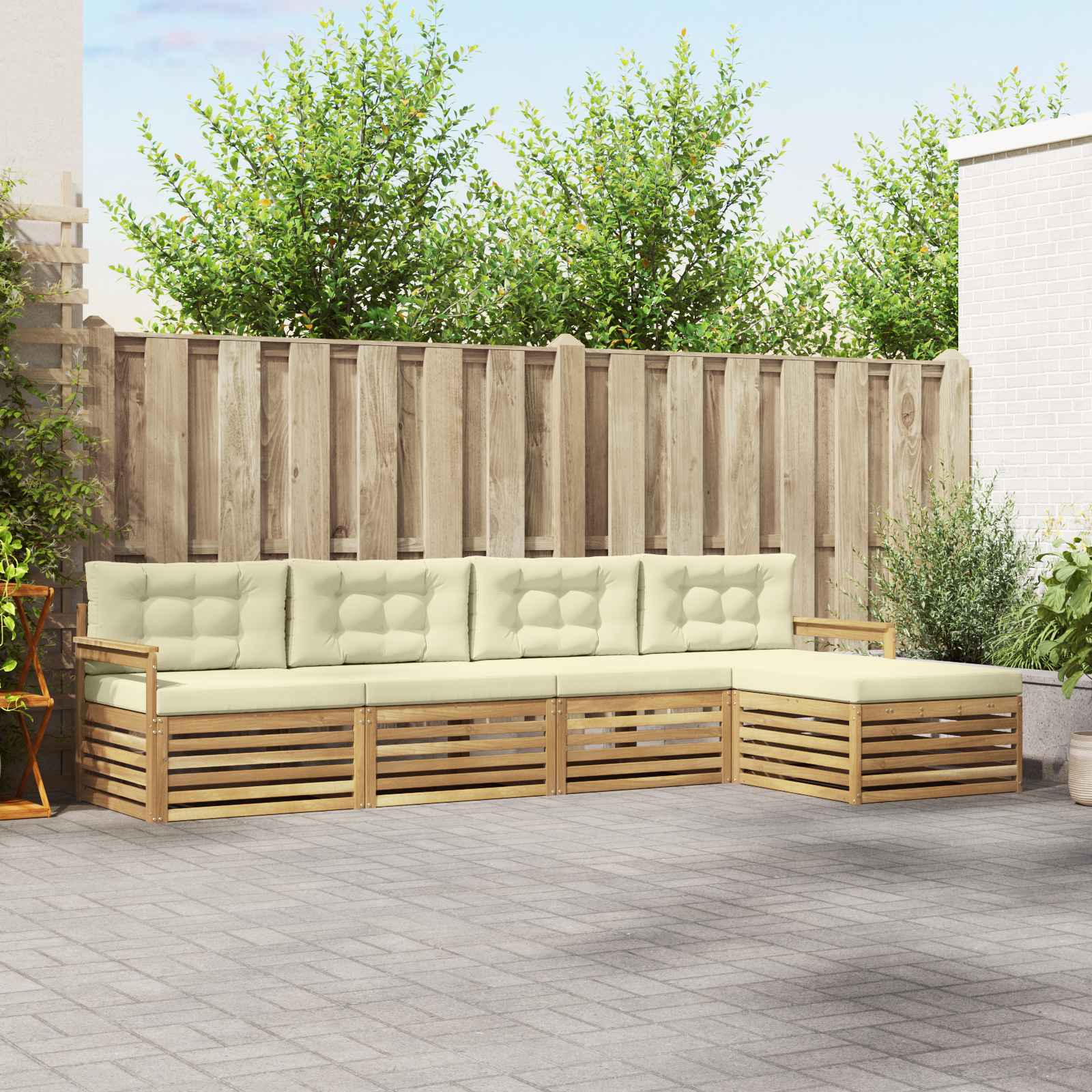 Conjunto de sofás de exterior 5 pcs Blanco y Crema Poliéster