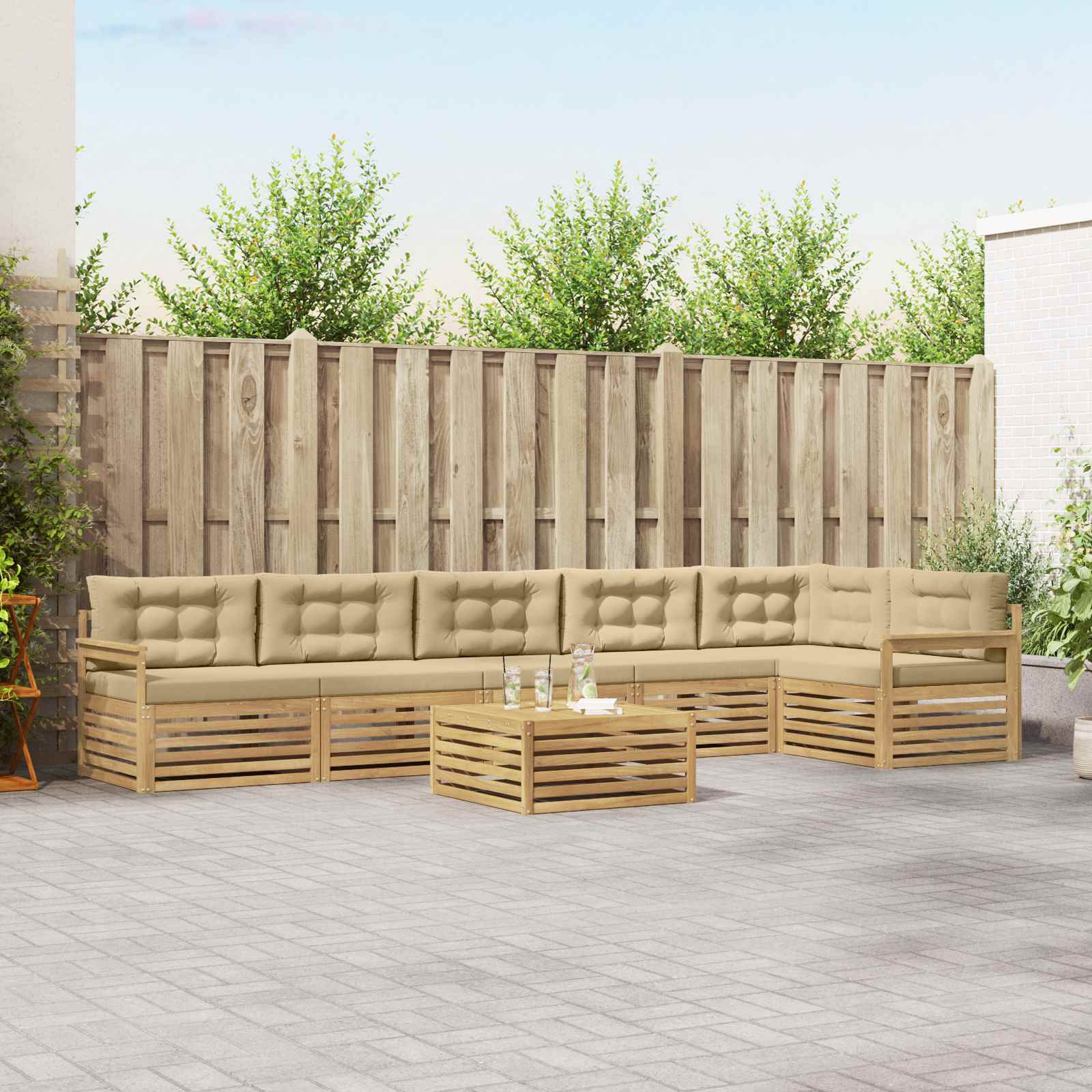 Conjunto de sofás de exterior con cojín 7 pcs Natural y negro