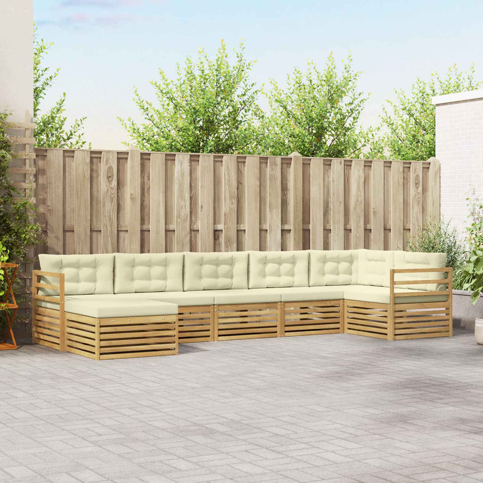 Conjunto de sofás de exterior con cojín 7 pcs Blanco y Crema