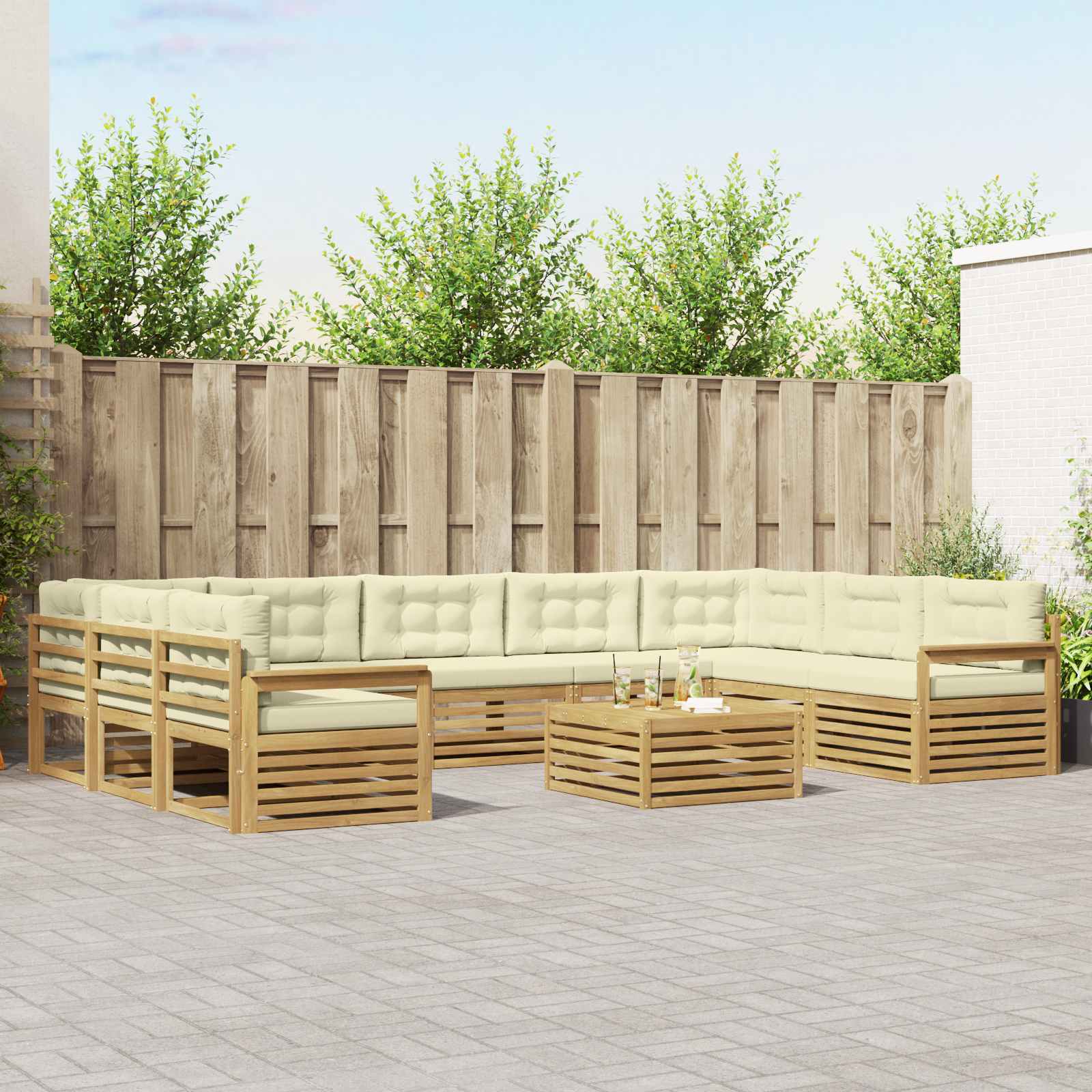 Conjunto de sofás de exterior con cojín 10 pcs Blanco y Crema