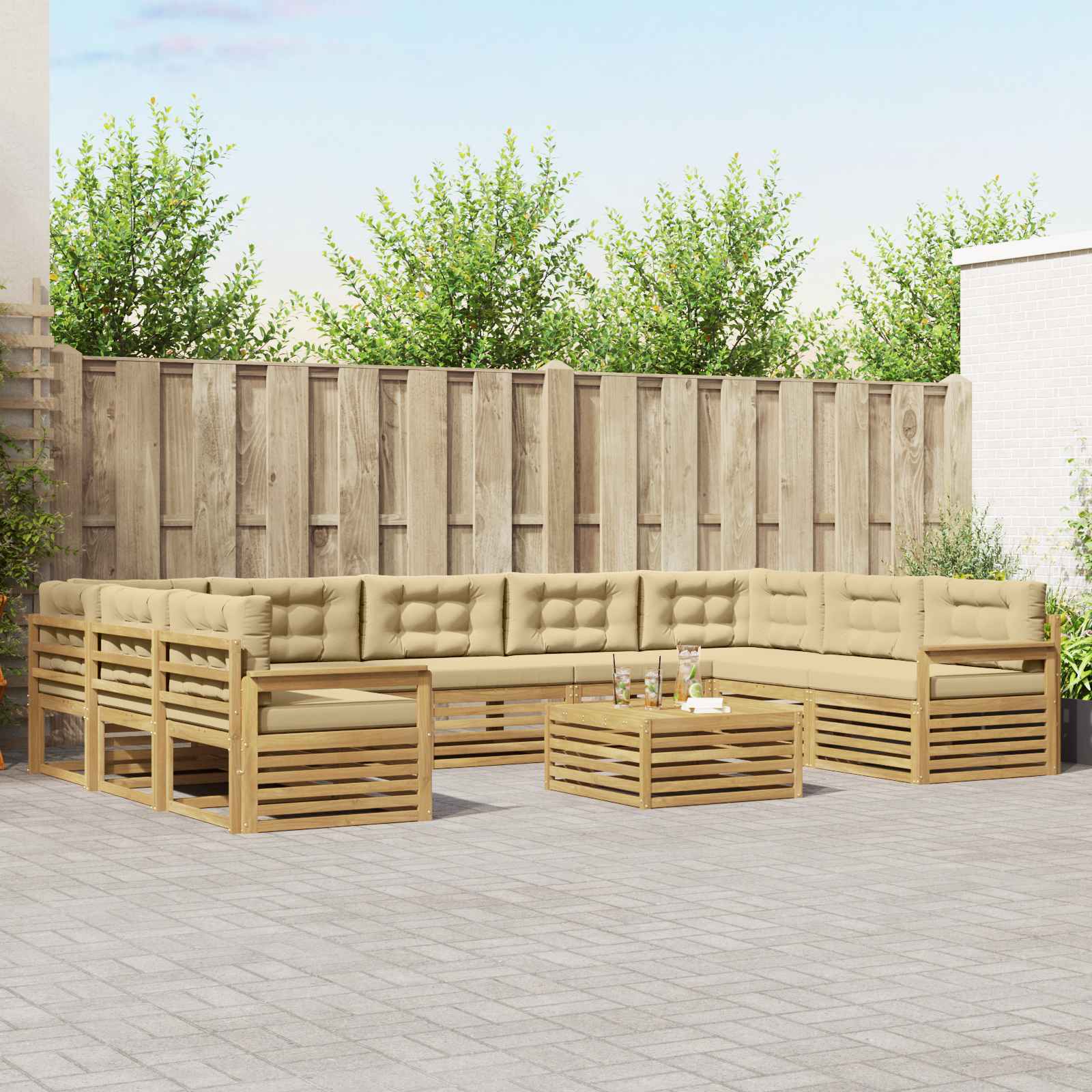 Conjunto de sofás de exterior con cojín 10 pcs Blanco y Crema