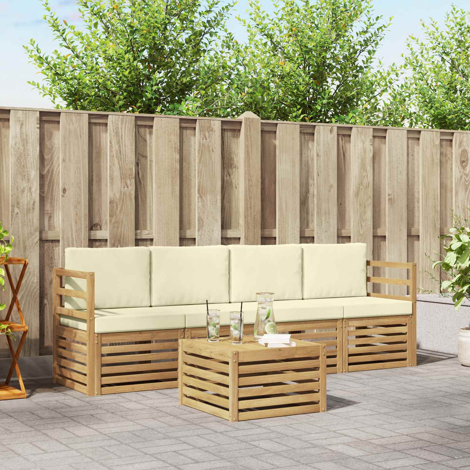 Conjunto de sofás de exterior 5 pcs Blanco y Crema Poliéster
