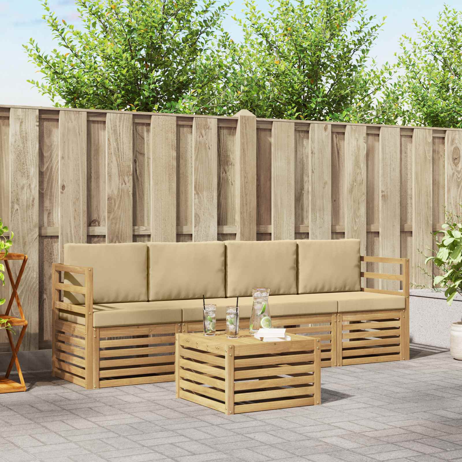 Conjunto de sofás de exterior con cojín 5 pcs y Beige Poliéster