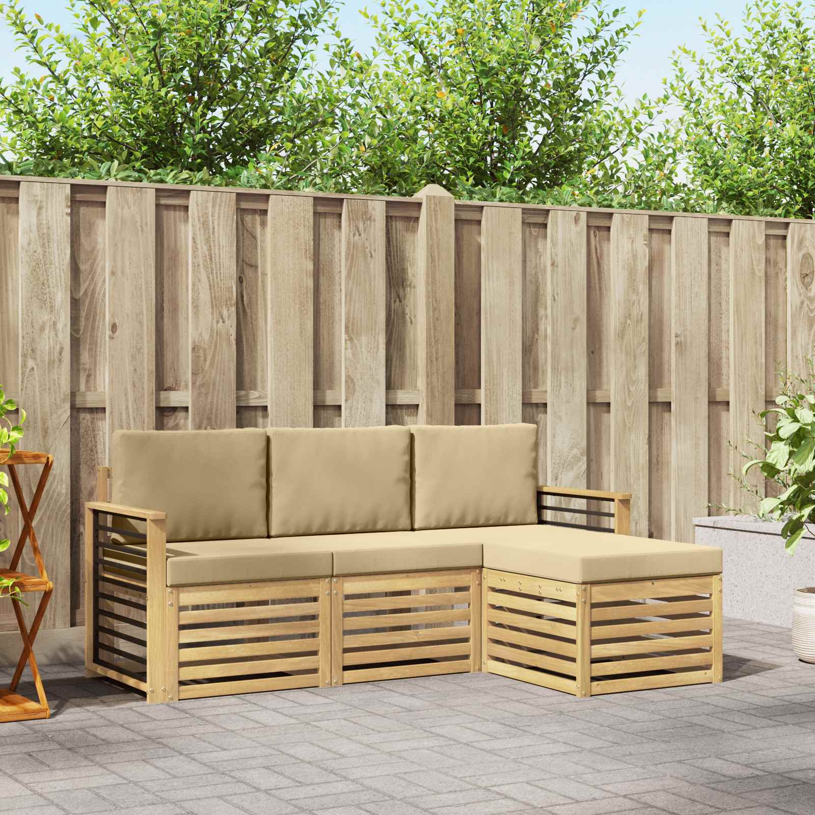 Conjunto de sofás de exterior con cojín 4 pcs y Beige Poliéster
