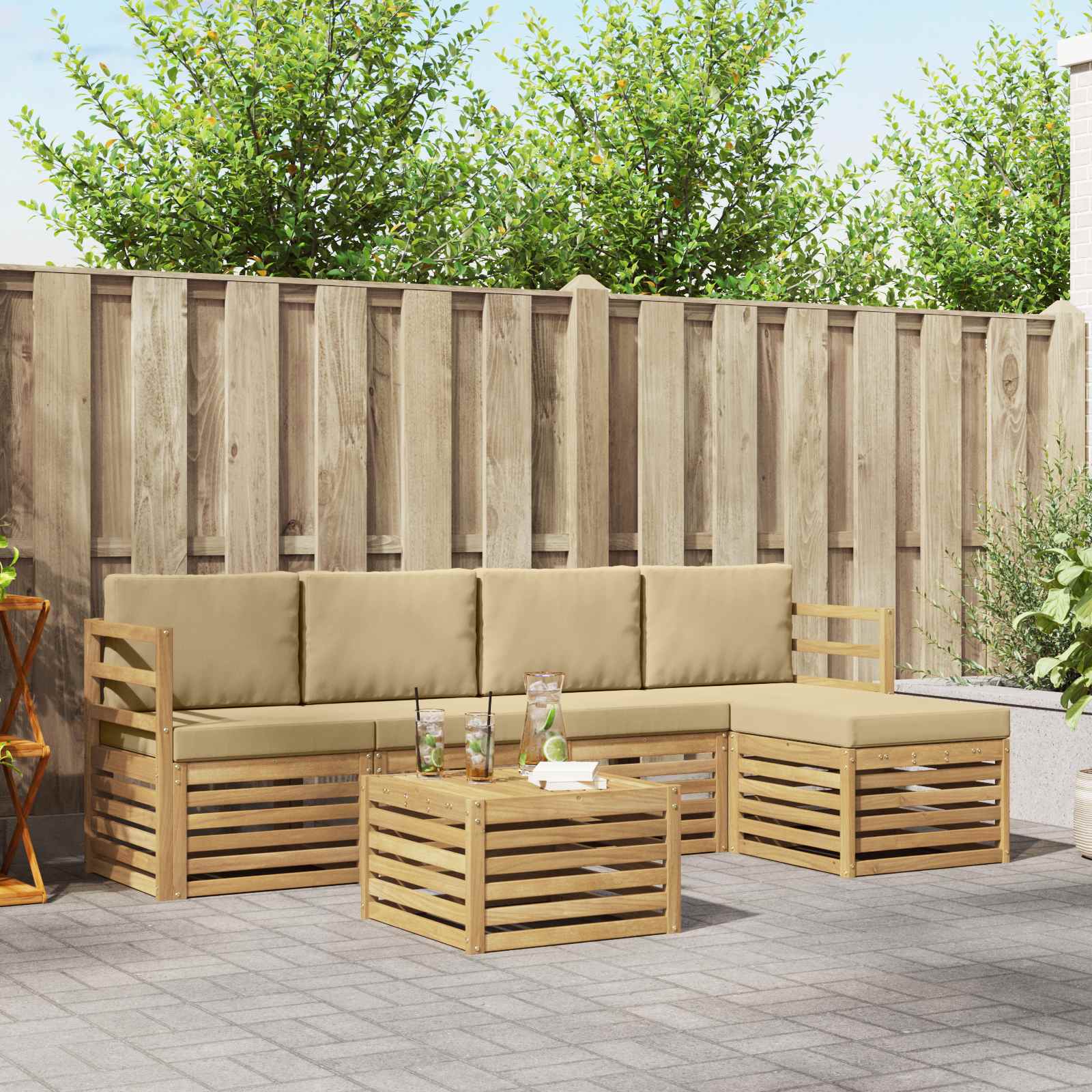 Conjunto de sofás de exterior con cojín 6 pcs y Beige Poliéster