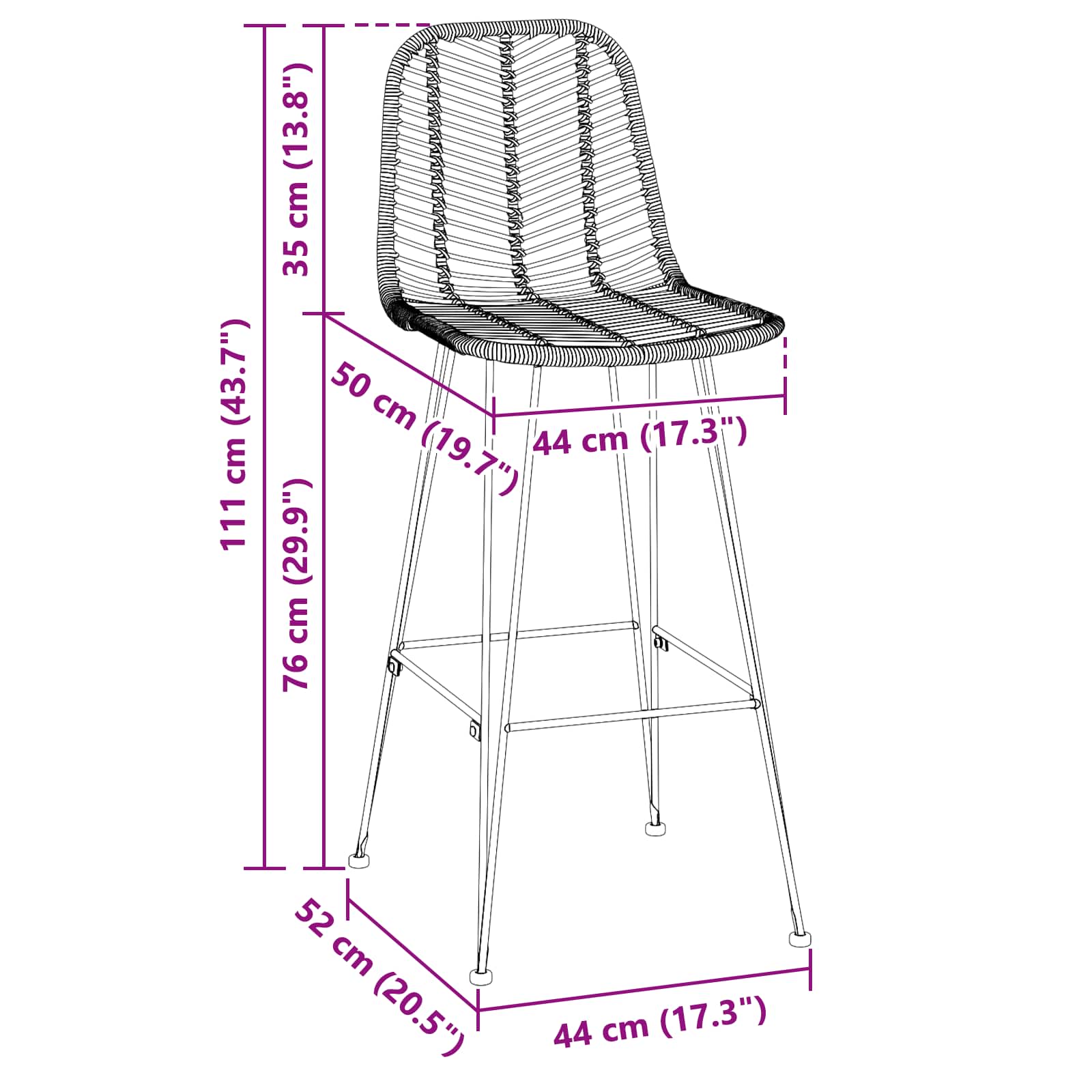 Silla de Bar 2 pcs 44 x 52 x 111 cm Ratan e Hierro