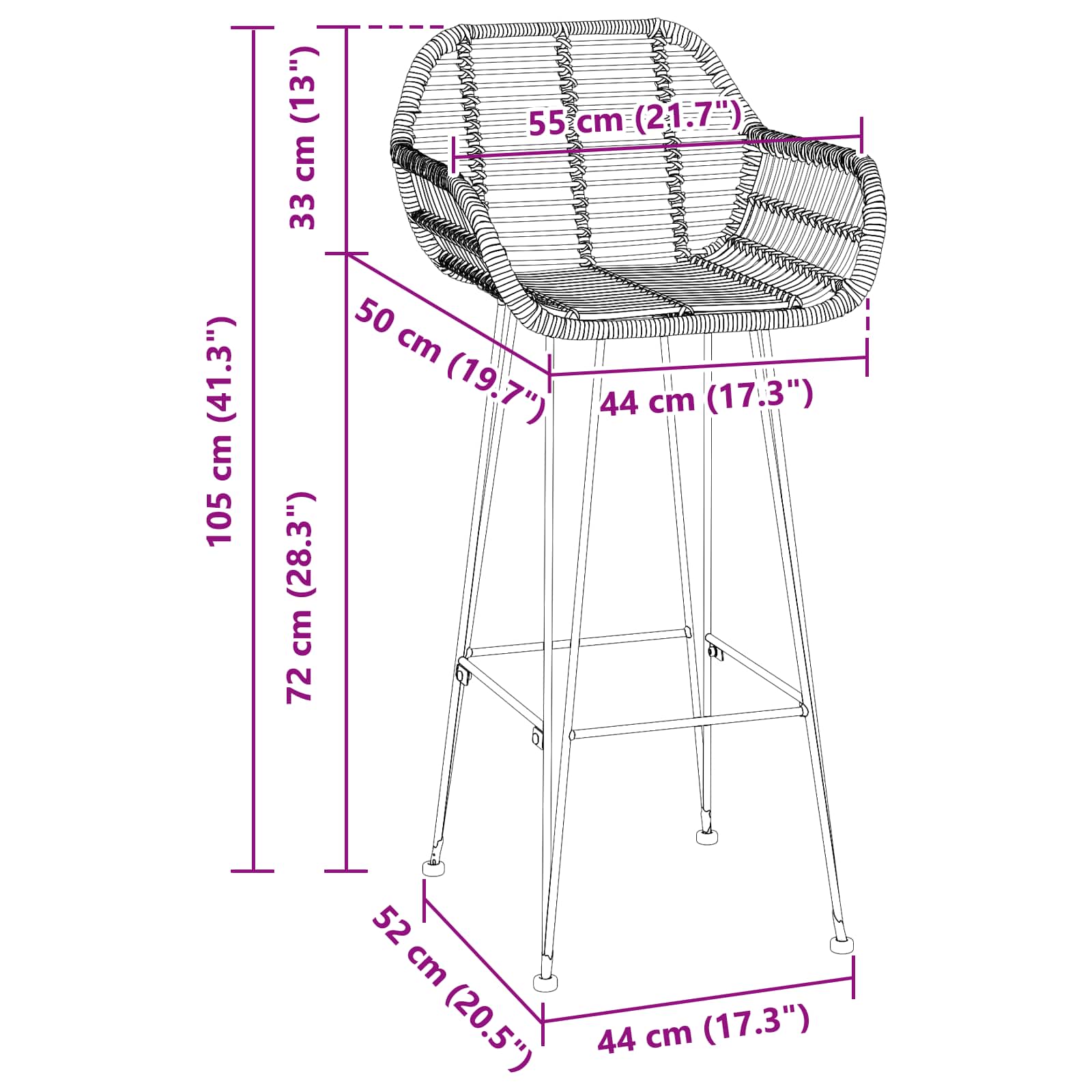 Silla de Bar 2 pcs 55 x 52 x 105 cm Ratan e Hierro