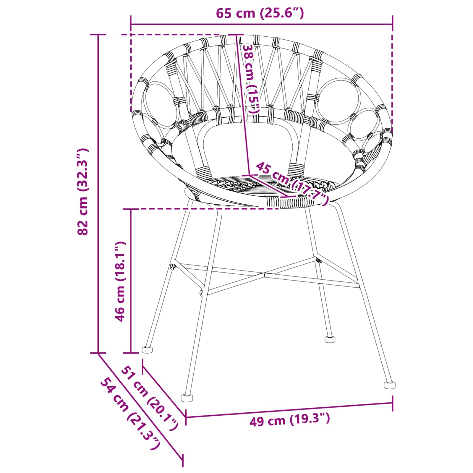 Silla de comedor 2 pcs Ratan e Hierro Natural 54 x 65 x 82 cm