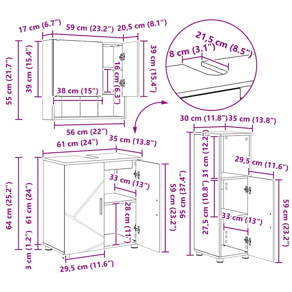 Juego de muebles de baño 3 pcs Madera contrachapada & Metal