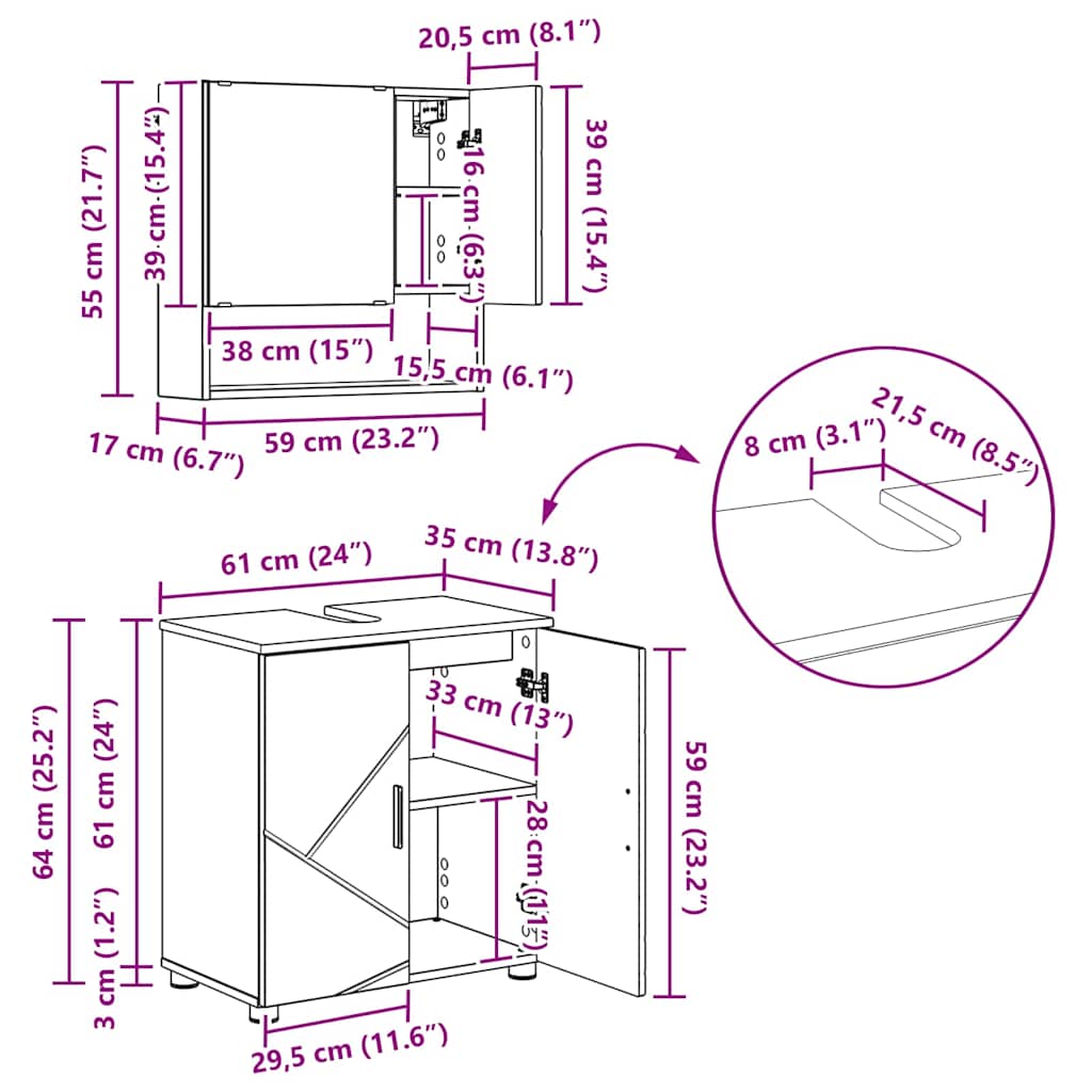 Juego de muebles de baño con cajón con puerta 4 pcs Gris Sonoma