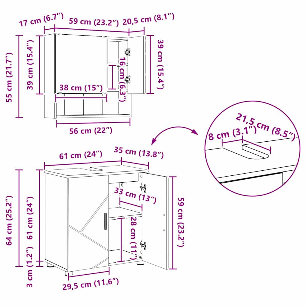Juego de muebles de baño con cajón con puerta 5 pcs brillante