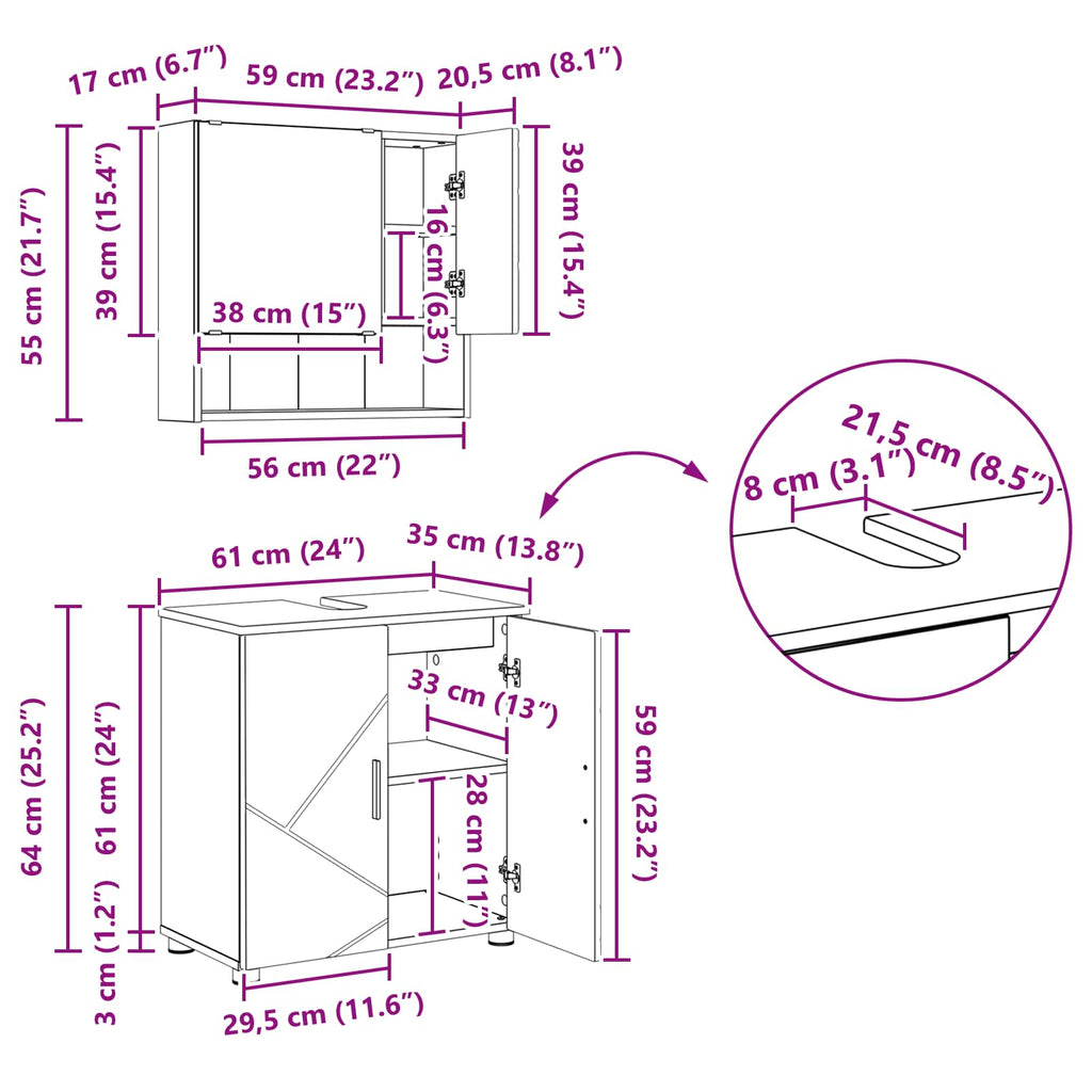 Juego de muebles de baño Montaje en la pared 4 pcs Gris Sonoma