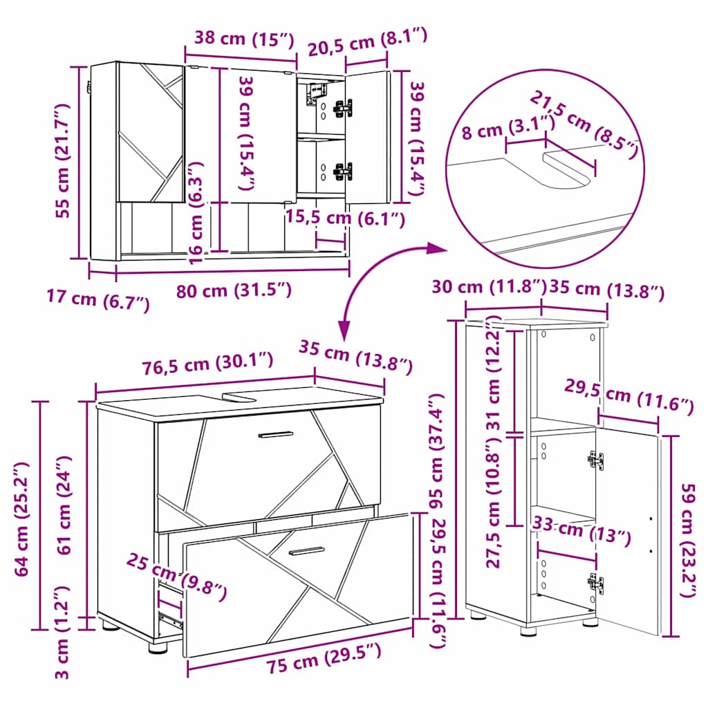 Juego de muebles de baño con cajón con puerta 3 pcs Gris Sonoma