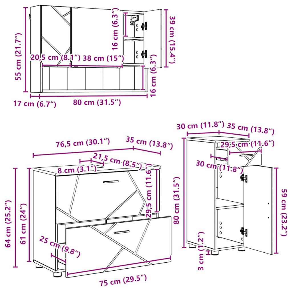 Juego de muebles de baño con cajón con puerta 3 pcs Gris Sonoma