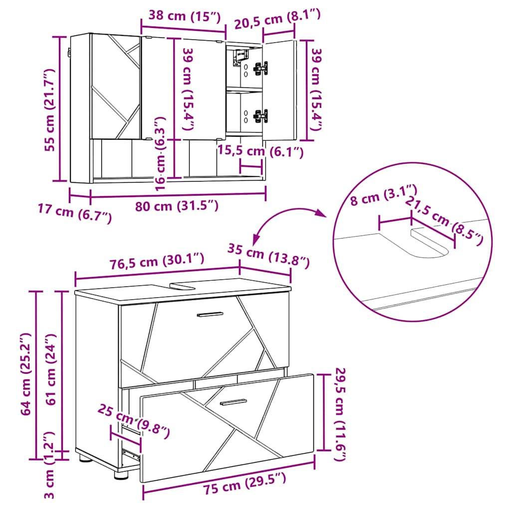 Juego de muebles de baño con cajón con puerta 4 pcs Gris Sonoma