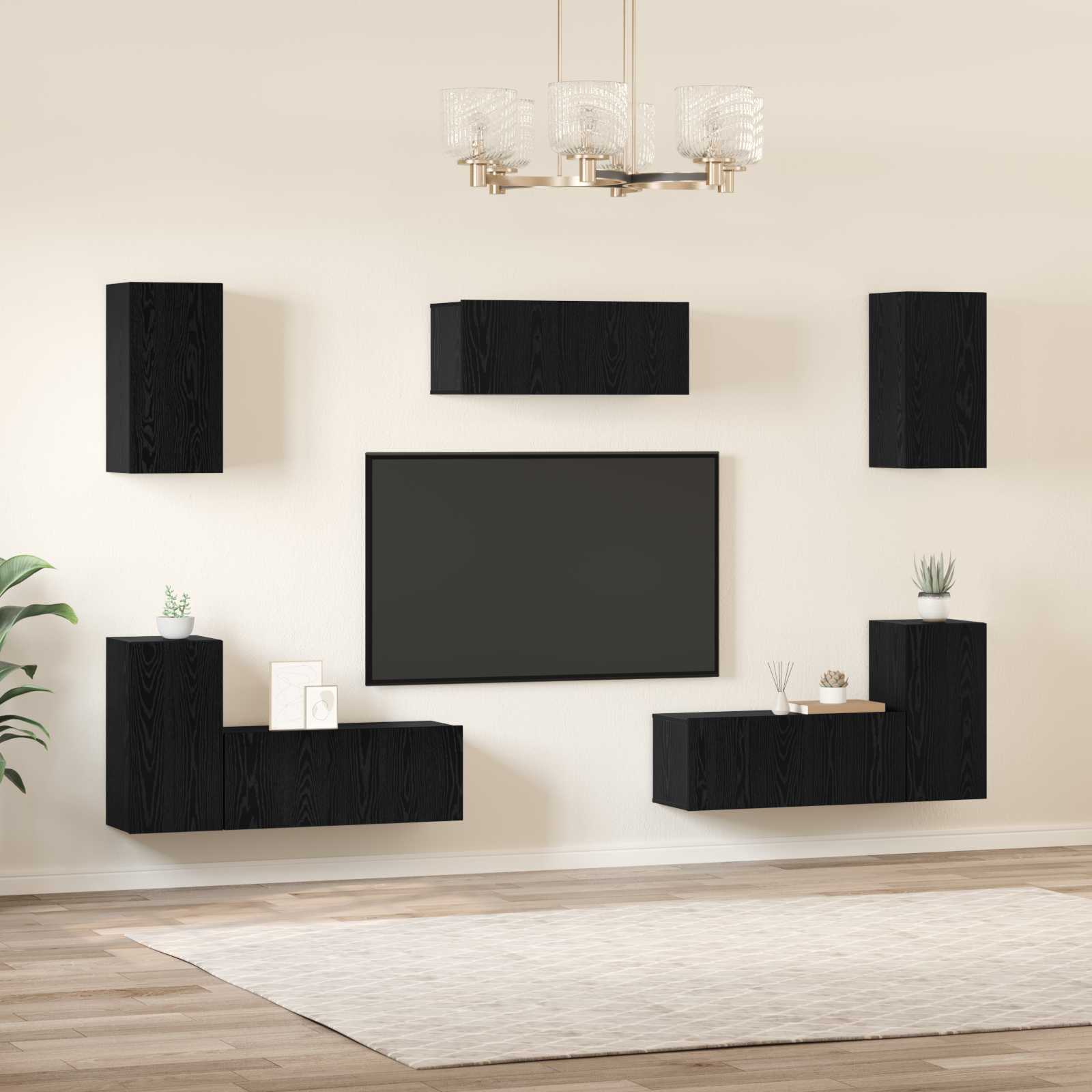 Conjunto de mueble de TV 7 pcs Roble Negro Madera de ingeniería