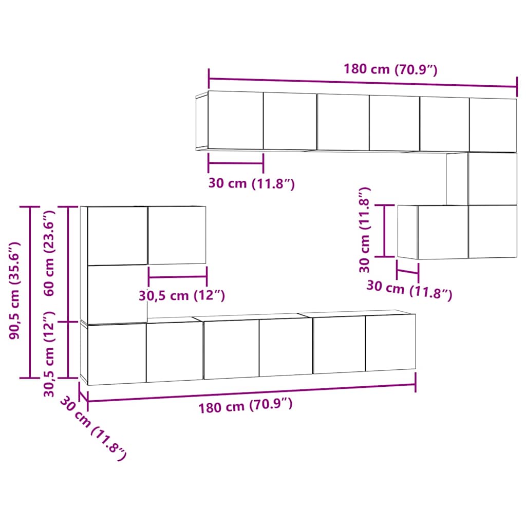 Conjunto de mueble de TV Montada en la pared 10 pcs Roble Negro