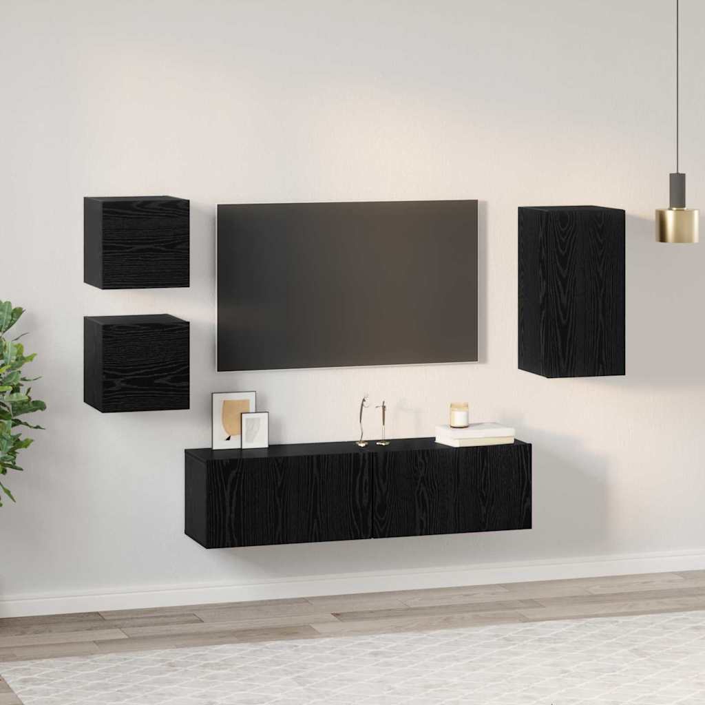 Conjunto de mueble de TV 5 pcs Roble Negro Madera de ingeniería