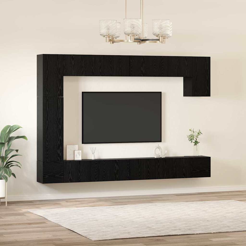 Conjunto de mueble de TV 9 pcs Roble Negro Madera contrachapada