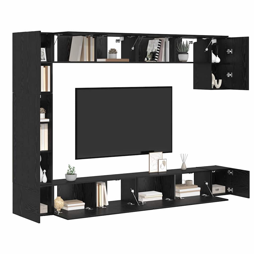 Conjunto de mueble de TV 9 pcs Roble Negro Madera contrachapada