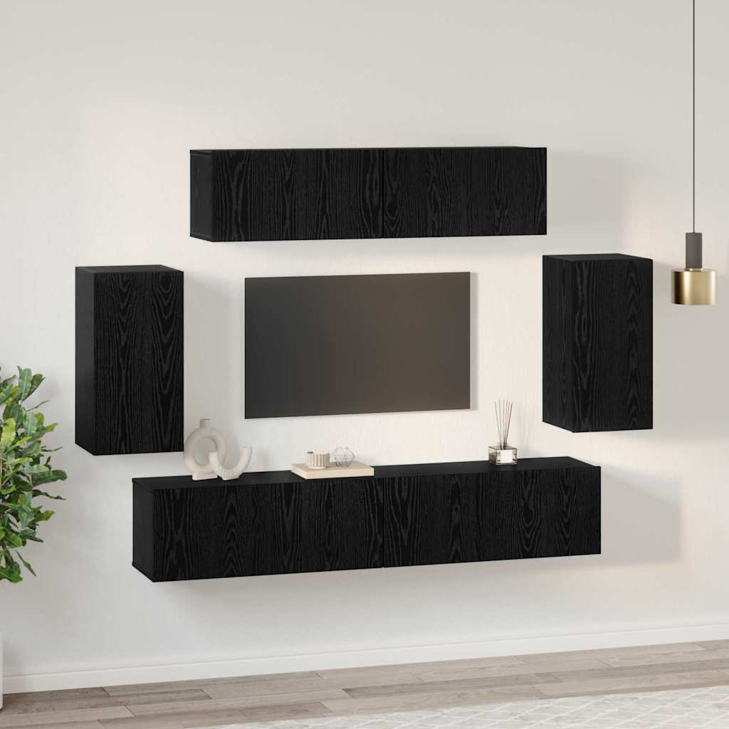 Conjunto de mueble de TV 6 pcs Roble Negro Madera contrachapada