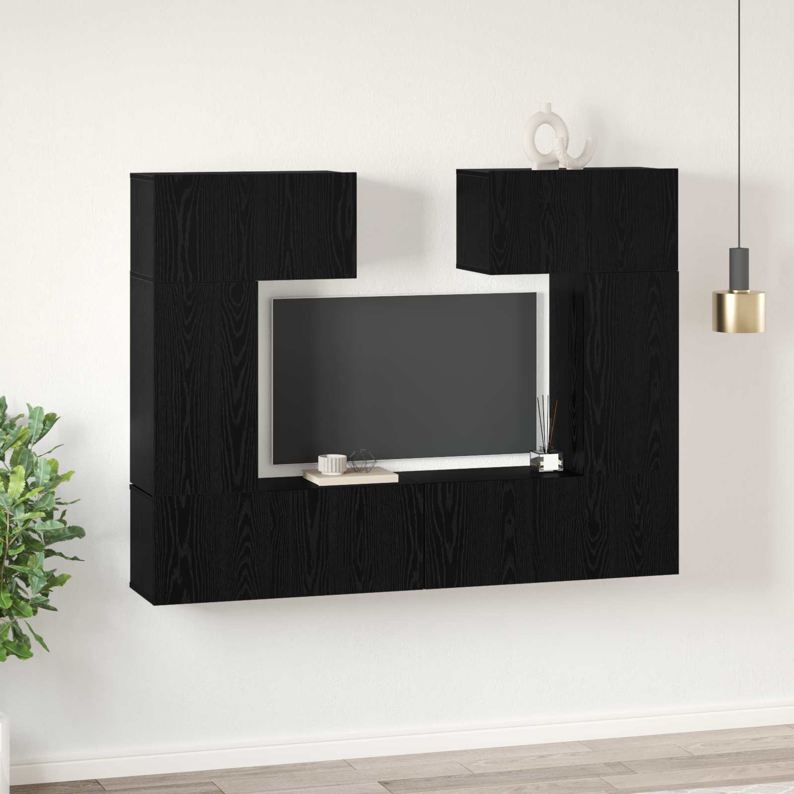Conjunto de mueble de TV 6 pcs Roble Negro Madera de ingeniería