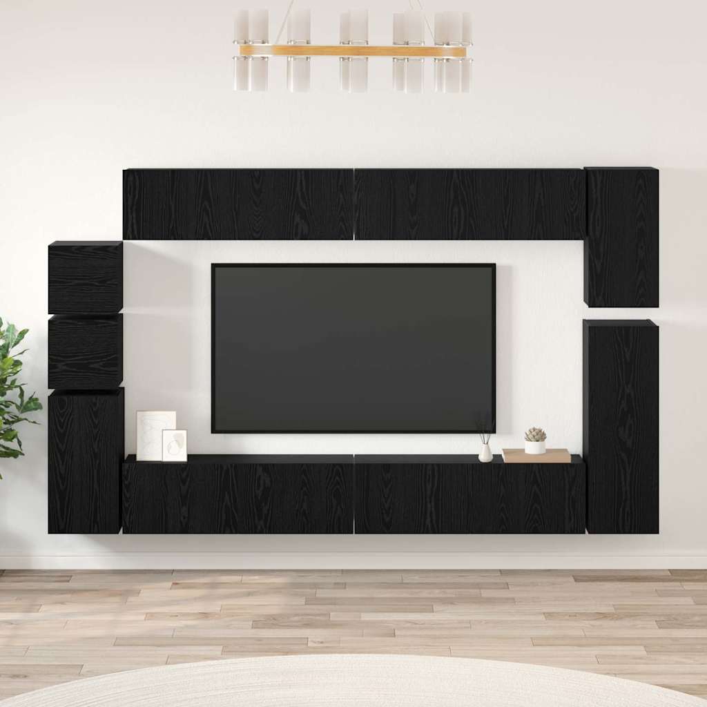 Conjunto de mueble de TV 9 pcs Roble Negro Madera de ingeniería