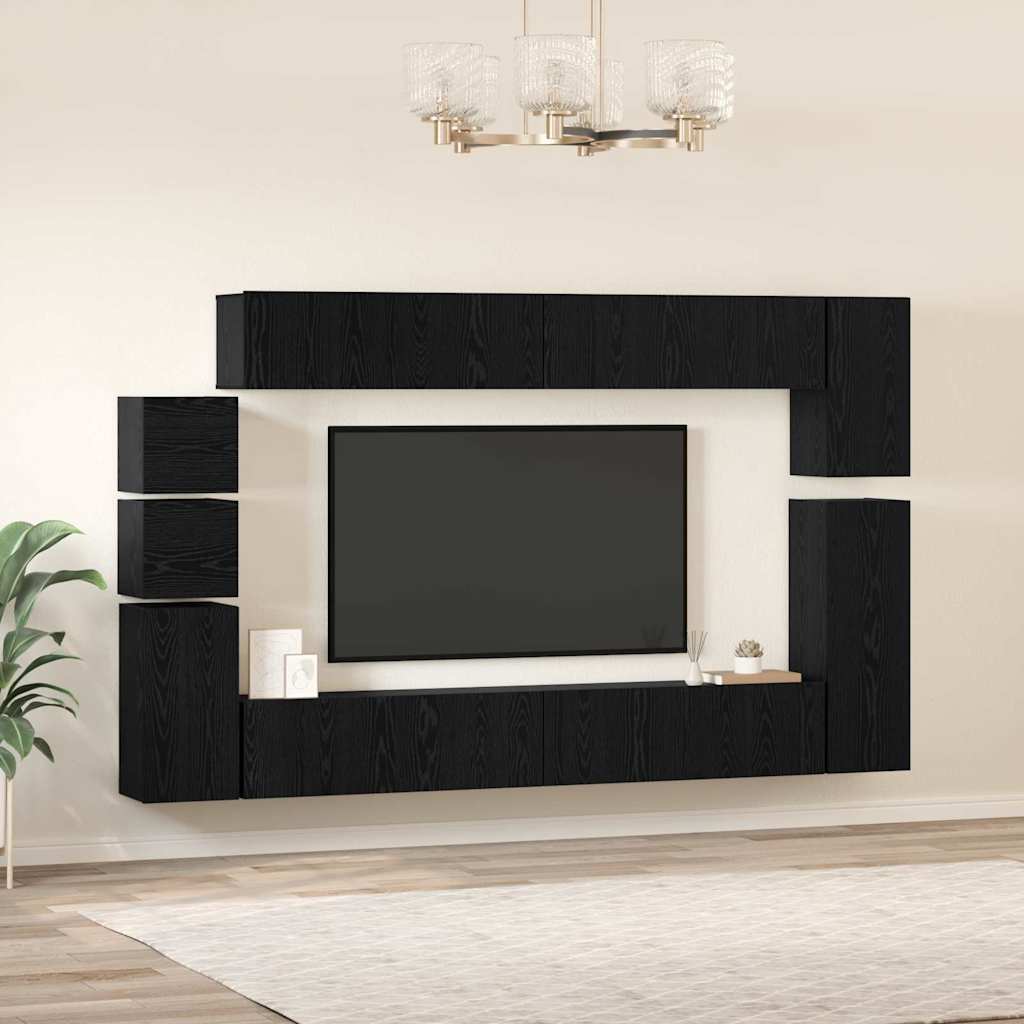 Conjunto de mueble de TV 9 pcs Roble Negro Madera de ingeniería