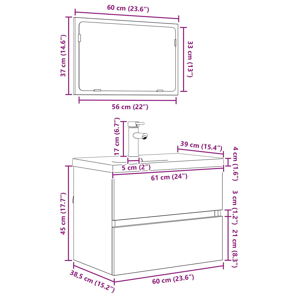 Juego de muebles de baño 3 pcs Roble Negro Madera de ingeniería