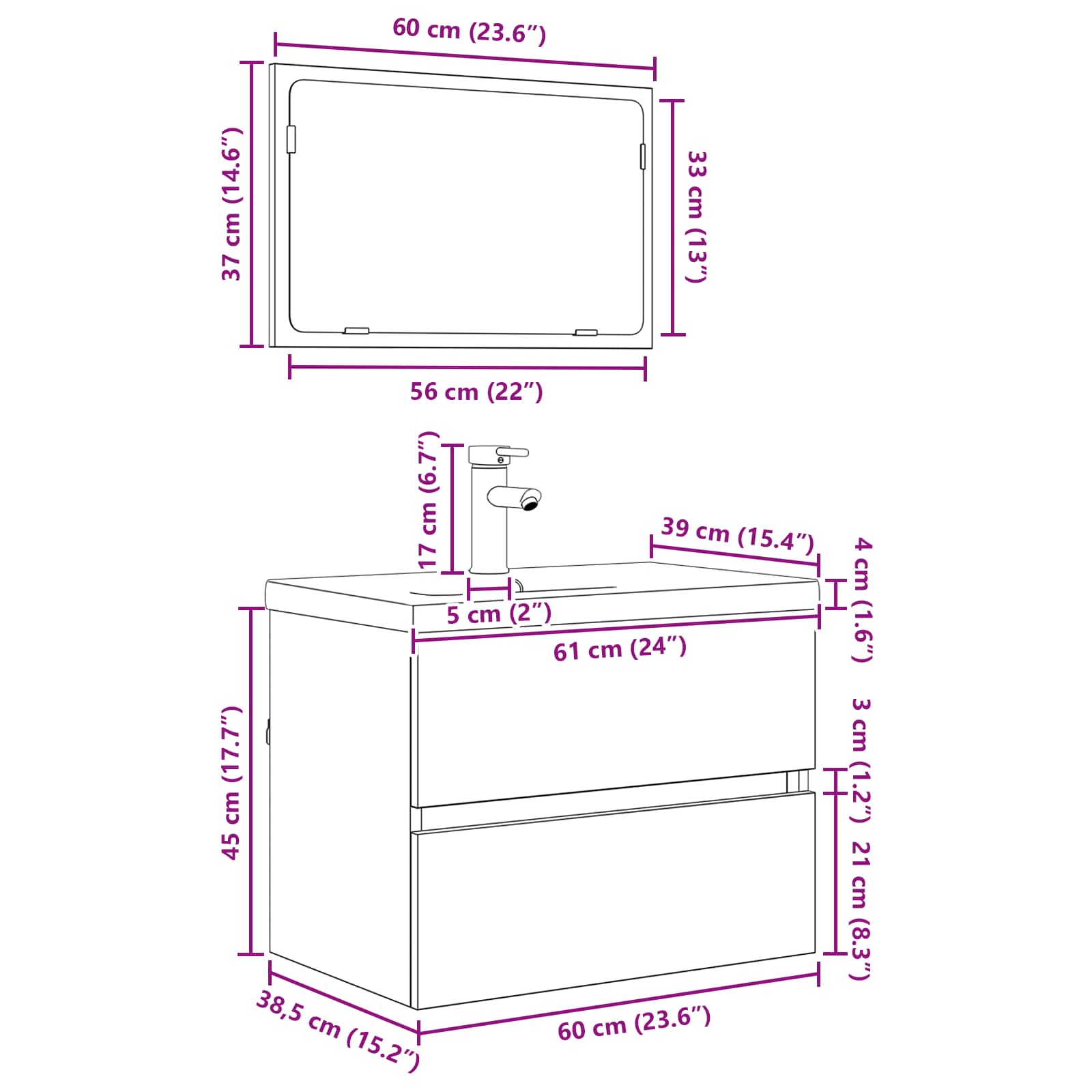 Juego de muebles de baño con cajón 3 pcs Roble artesanal