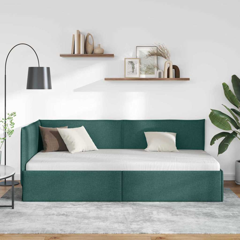 Estructura de cama en esquina Verde oscuro 90 x 200 cm tela