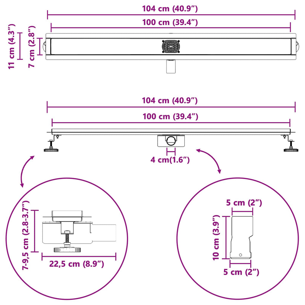 Desagüe de ducha con tapa de vidrio y sifón 360° 100 cm