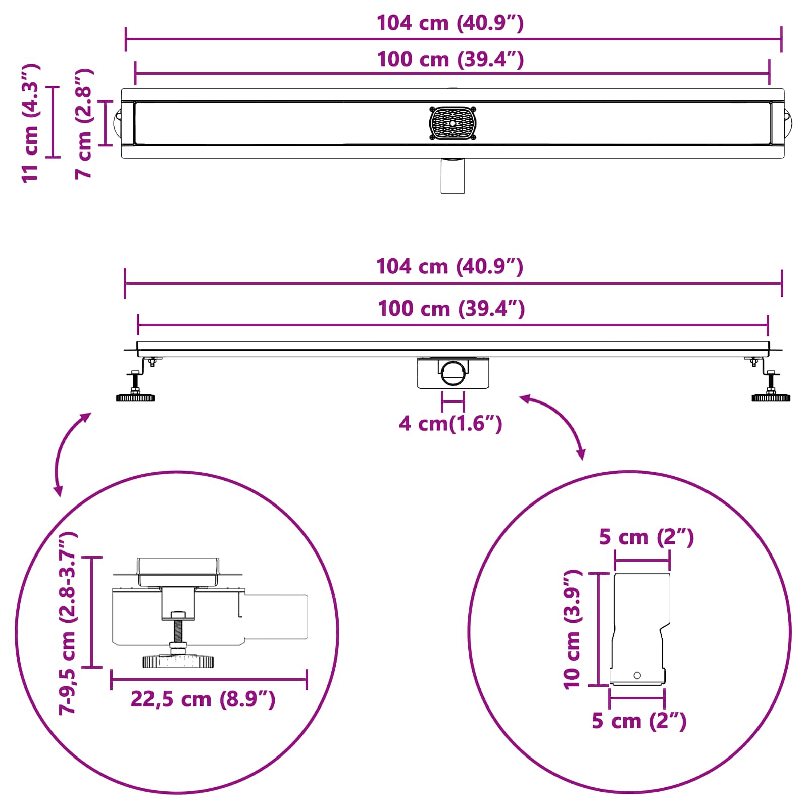 Desagüe de ducha con tapa de vidrio y sifón 360° 100 cm
