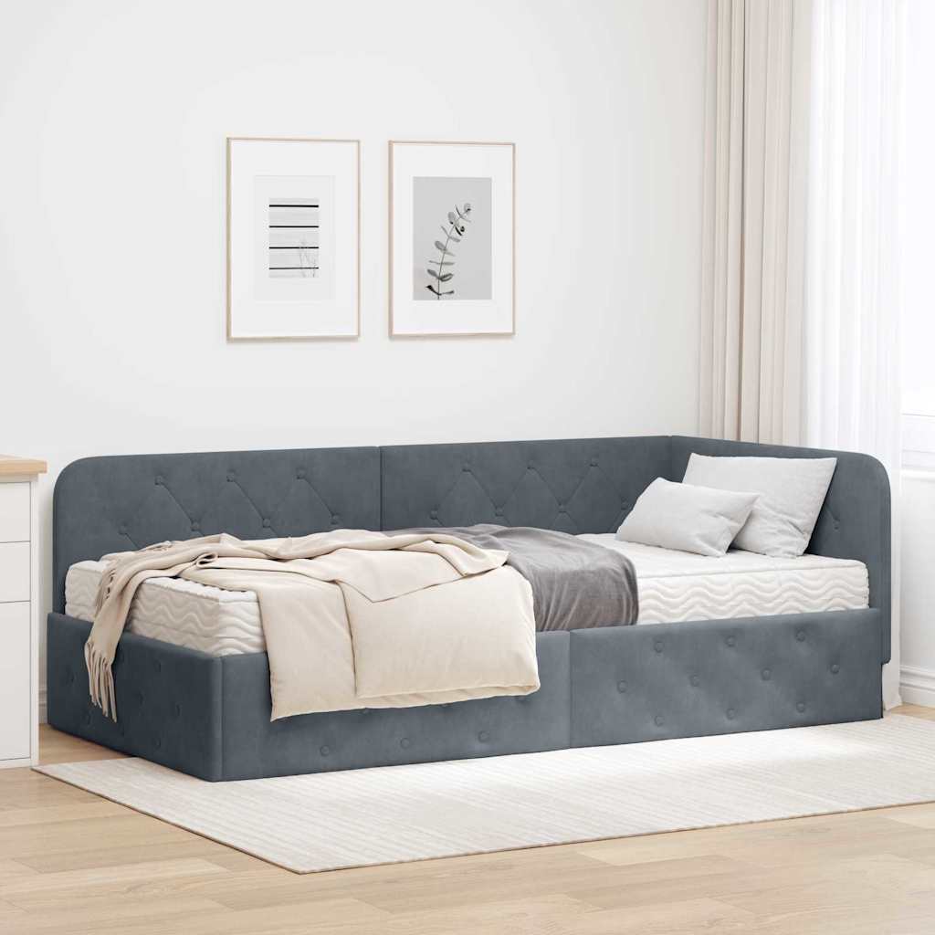 Estrutura de cama de canto cinzento-escuro 90 cm x 200 cm tecido