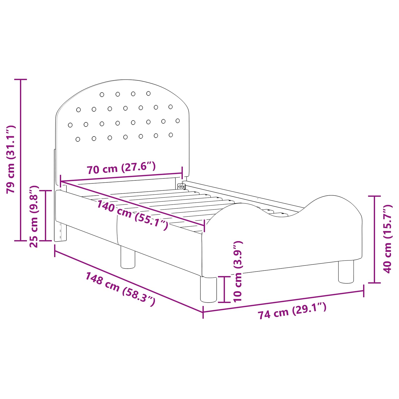 Estructura de cama para niños pequeños con cabecera Morado