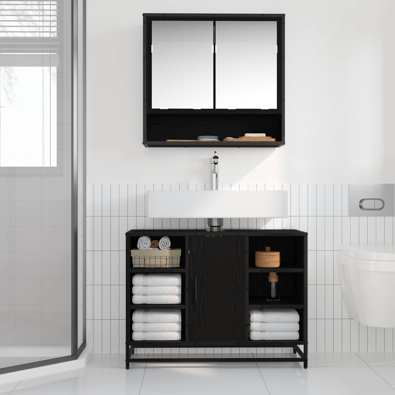Mueble de Cuarto de Baño con puerta Roble Negro 80 x 33 x 60 cm