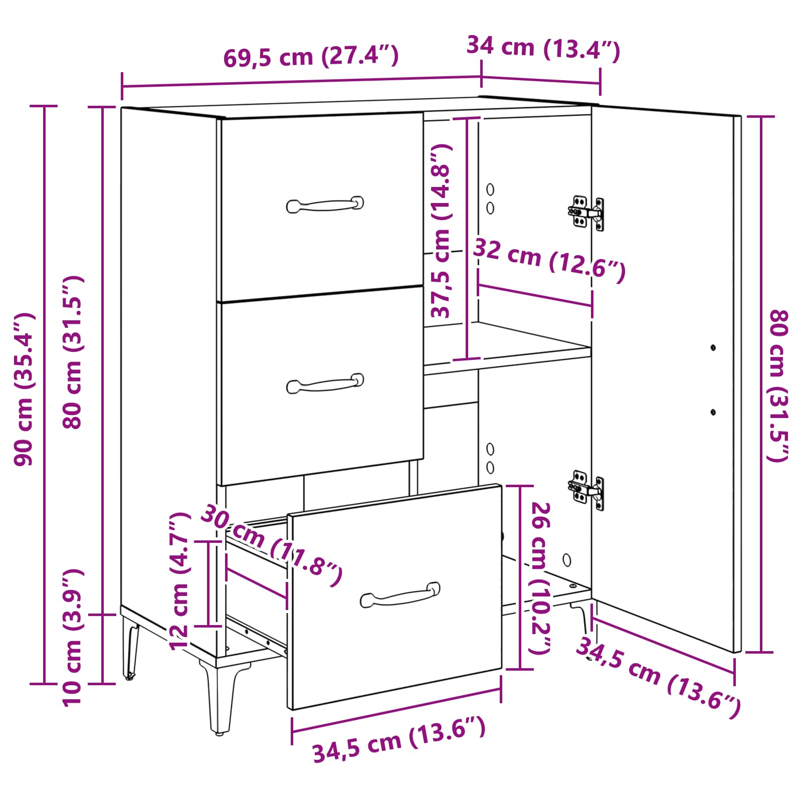 Aparador Madera vieja 69,5 x 34 x 90 cm Madera de ingeniería
