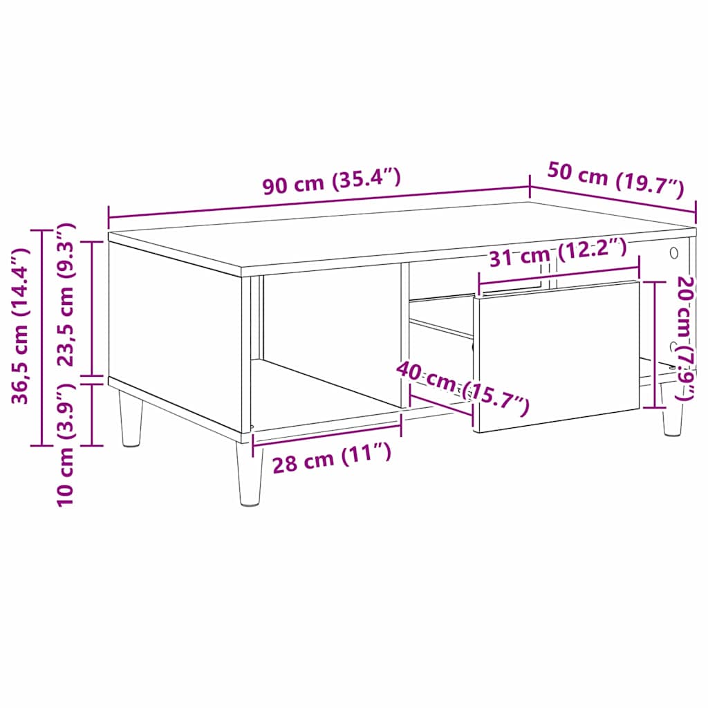 Mesa de Café Roble Negro 90 x 50 x 26.5 cm Madera de ingeniería