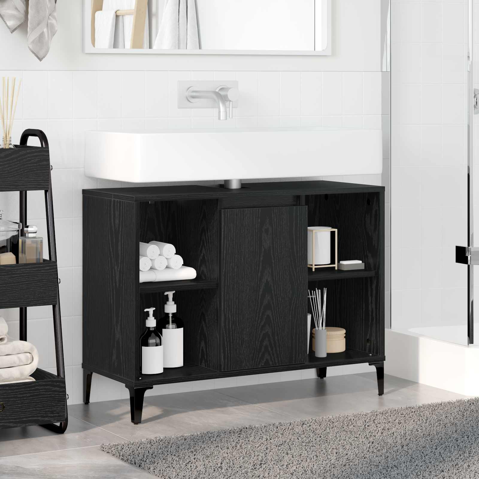 Mueble de lavabo con estante Roble Negro 80 x 33 x 60 cm