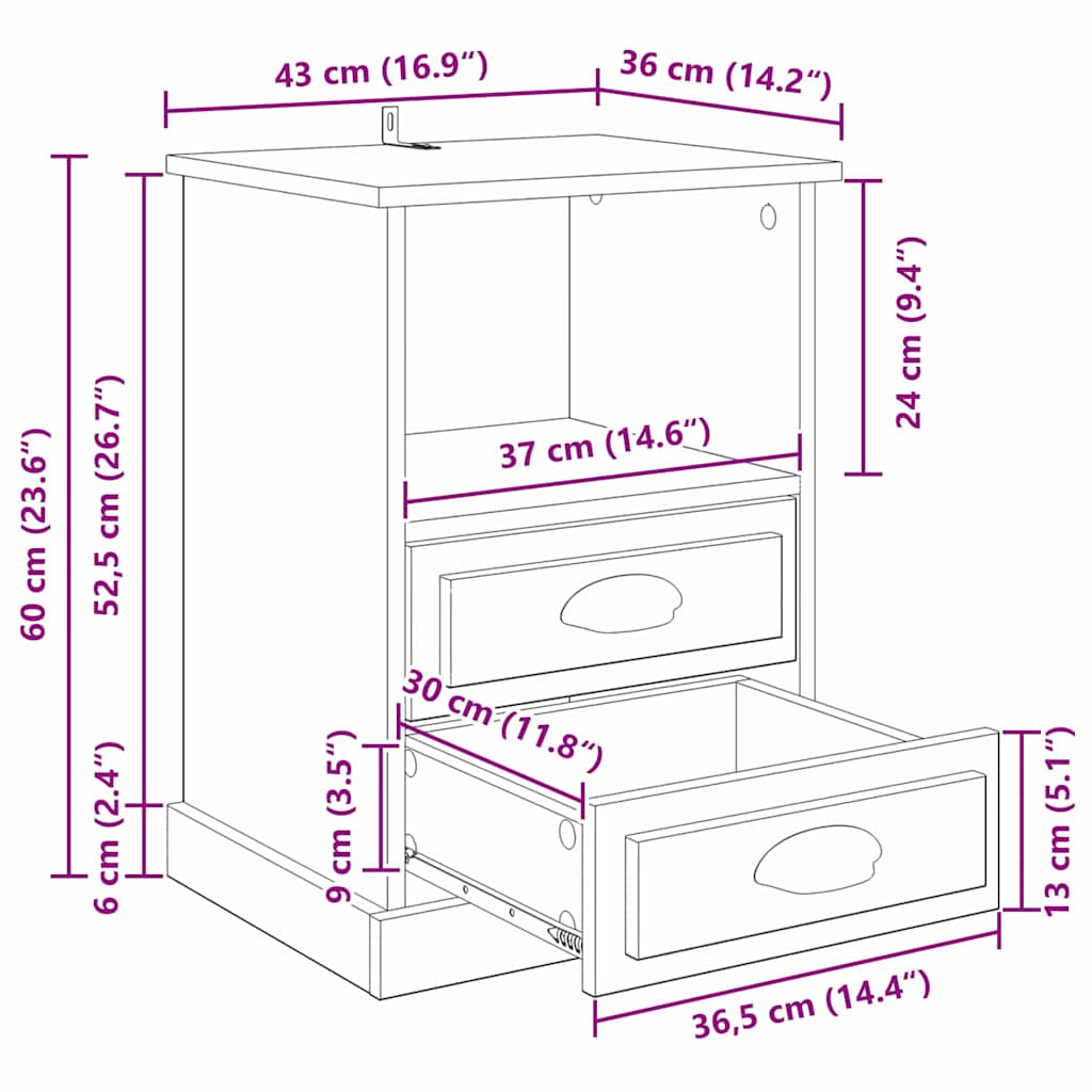Armario de Noche 2 pcs Roble artesanal 36 x 43 x 60 cm