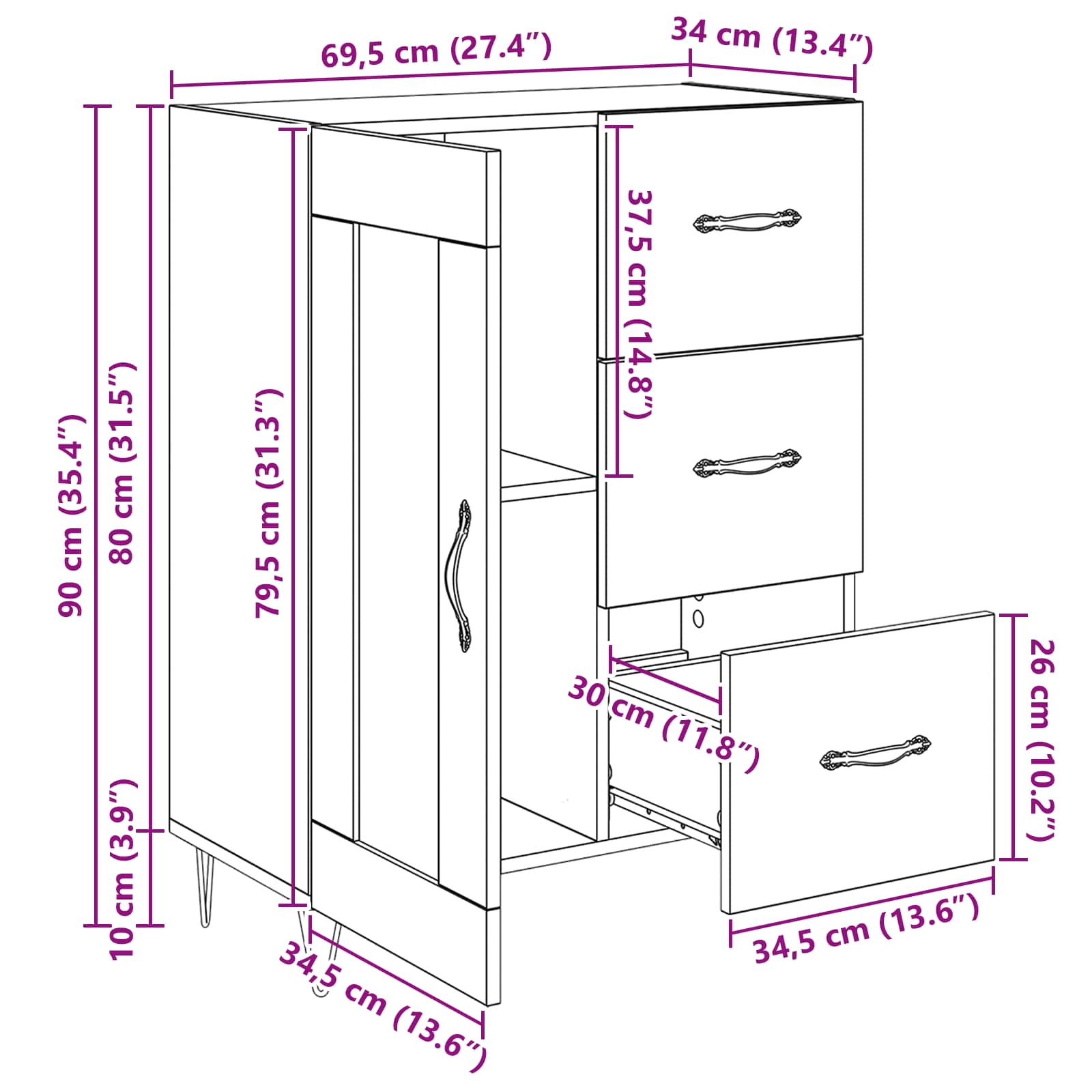 Aparador Madera vieja 69,5 x 34 x 90 cm Madera de ingeniería