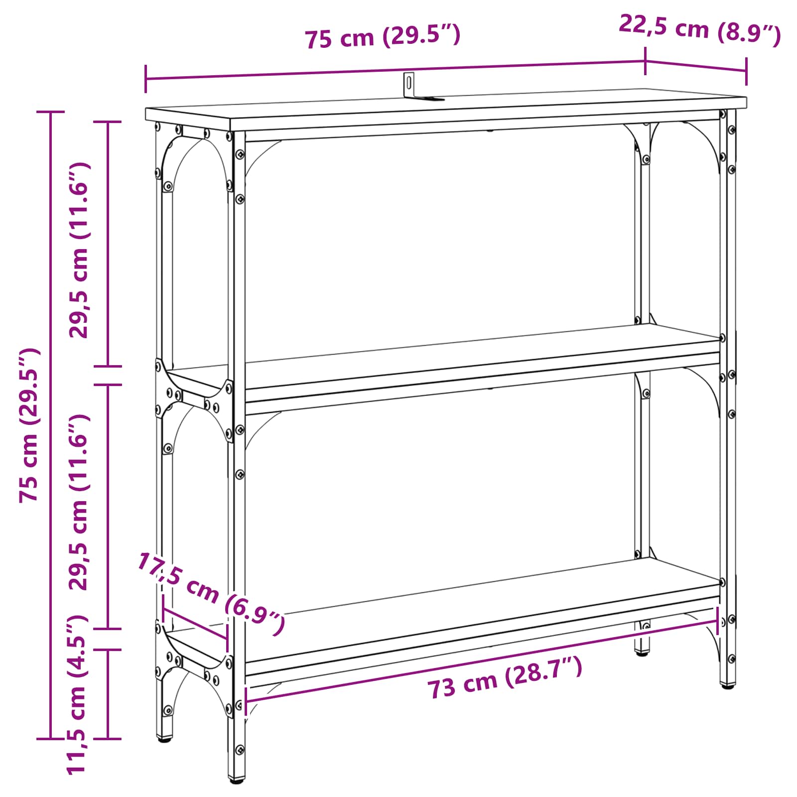 Mesa Consola Roble Negro 75 x 22,5 x 75 cm Madera de ingeniería