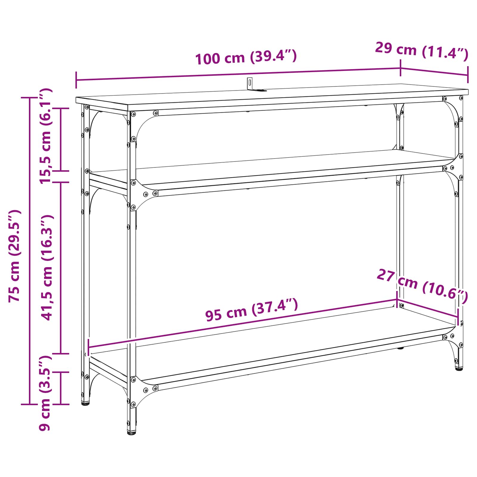 Mesa Consola con estante Madera envejecida 100 x 29 x 75 cm