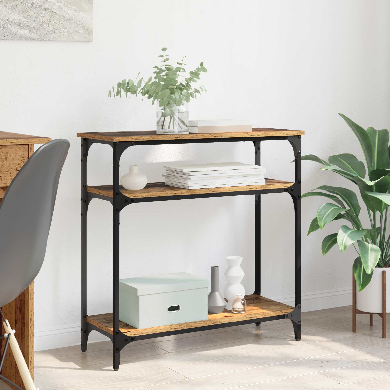 Console Table with Shelf, Aged Wood, 100 x 29 x 75 cm