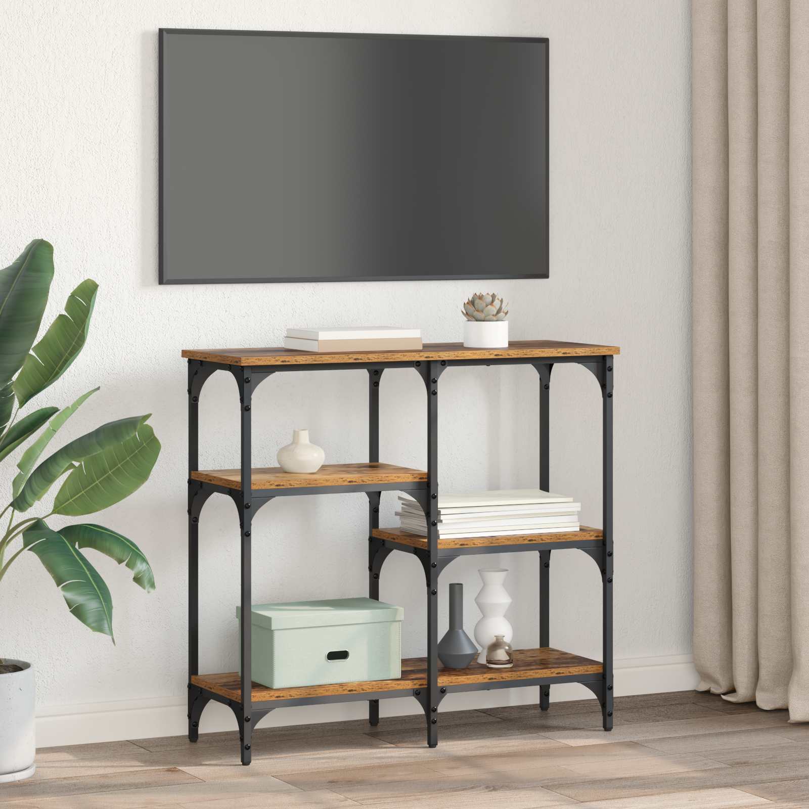 Mesa Consola con estante Madera envejecida 80 x 29 x 75 cm