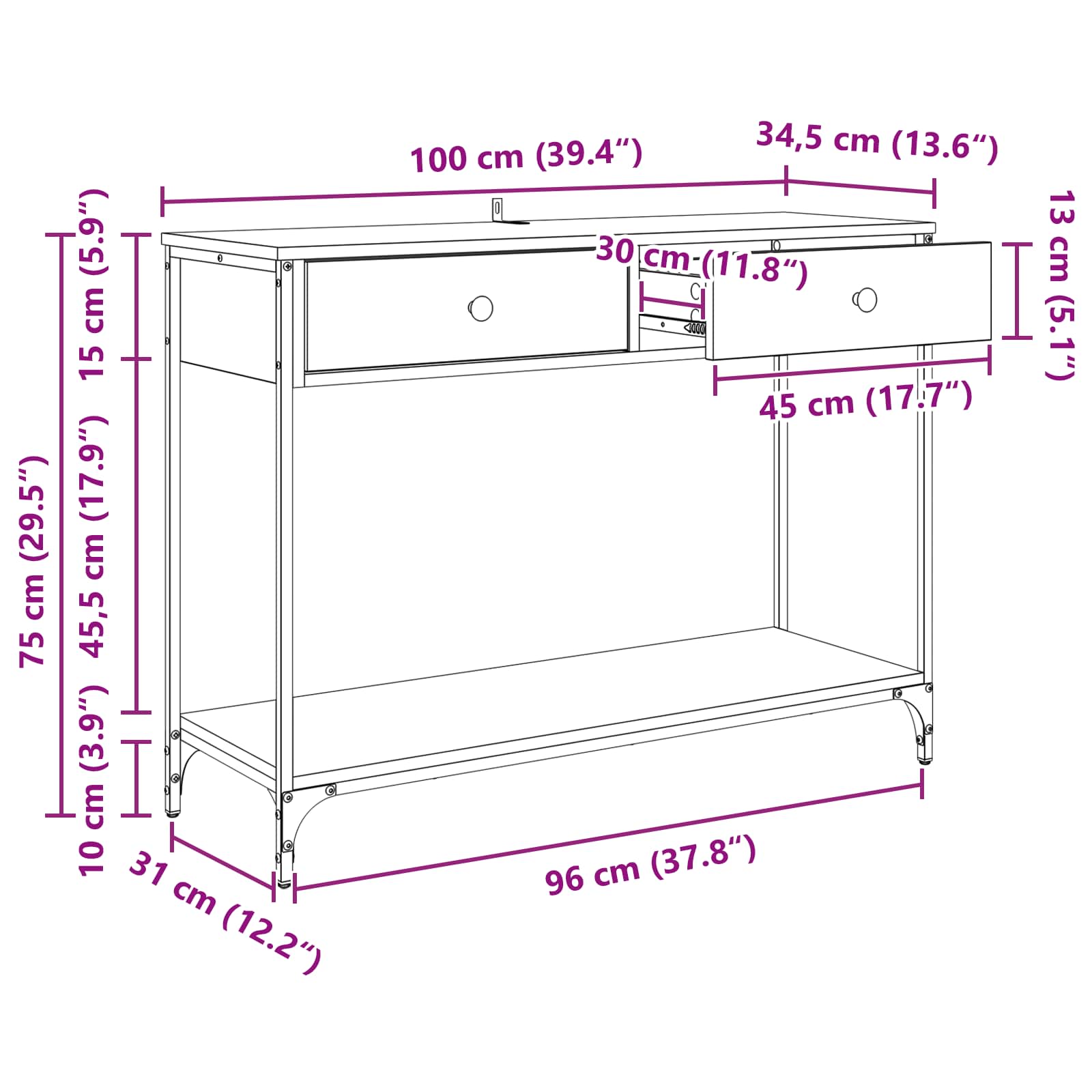 Mesa Consola con cajón Madera Vieja 100 x 34,5 x 75 cm