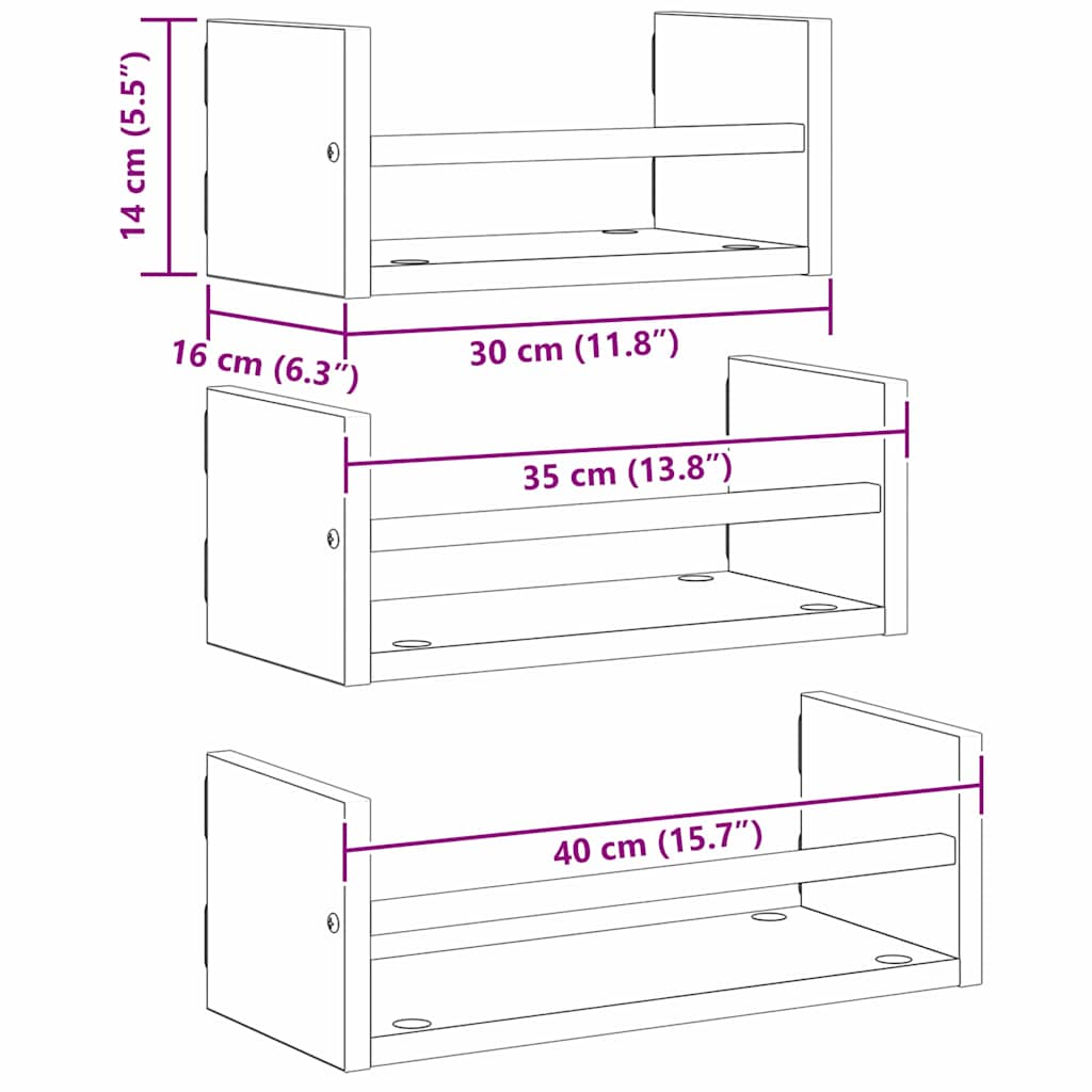Conjunto de estantes de pared 3 pcs Madera Vieja 40x16x14cm